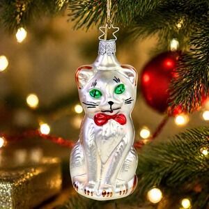 VTG West Germany Mercury Glass Cat Christmas Ornament 5" Green Eyes Red Bow